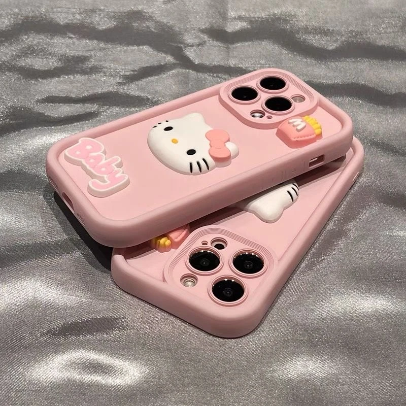 可爱粉底立体kitty猫适用苹果15手机壳14/13肤感12硅胶11全包创意