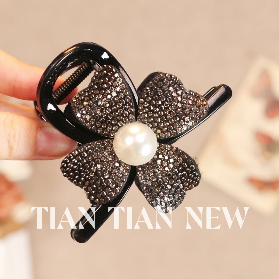 A117轻奢简约抓夹女盘发后脑勺发夹满钻花朵鲨鱼夹优雅百搭精致