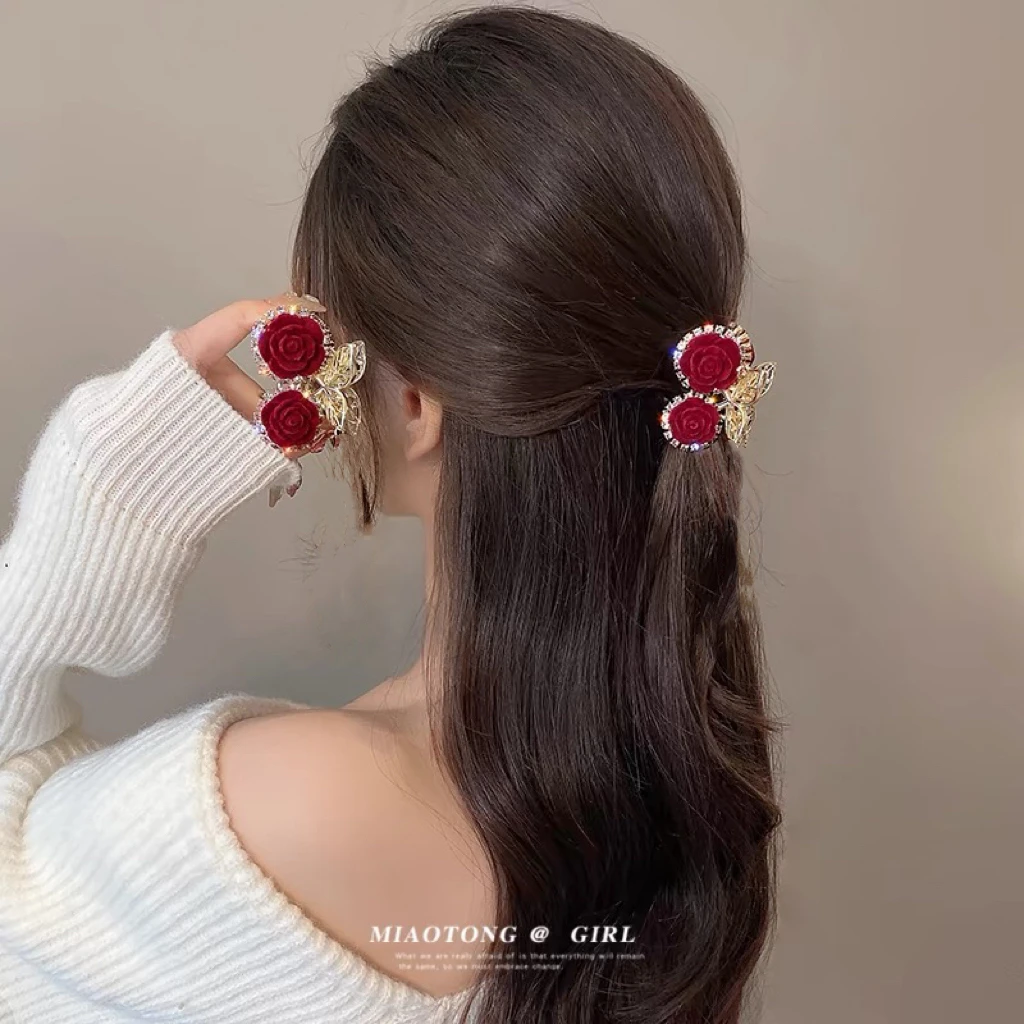 A025丝绒玫瑰樱桃高马尾小抓夹女后脑勺半扎发高级感鲨鱼夹子头饰