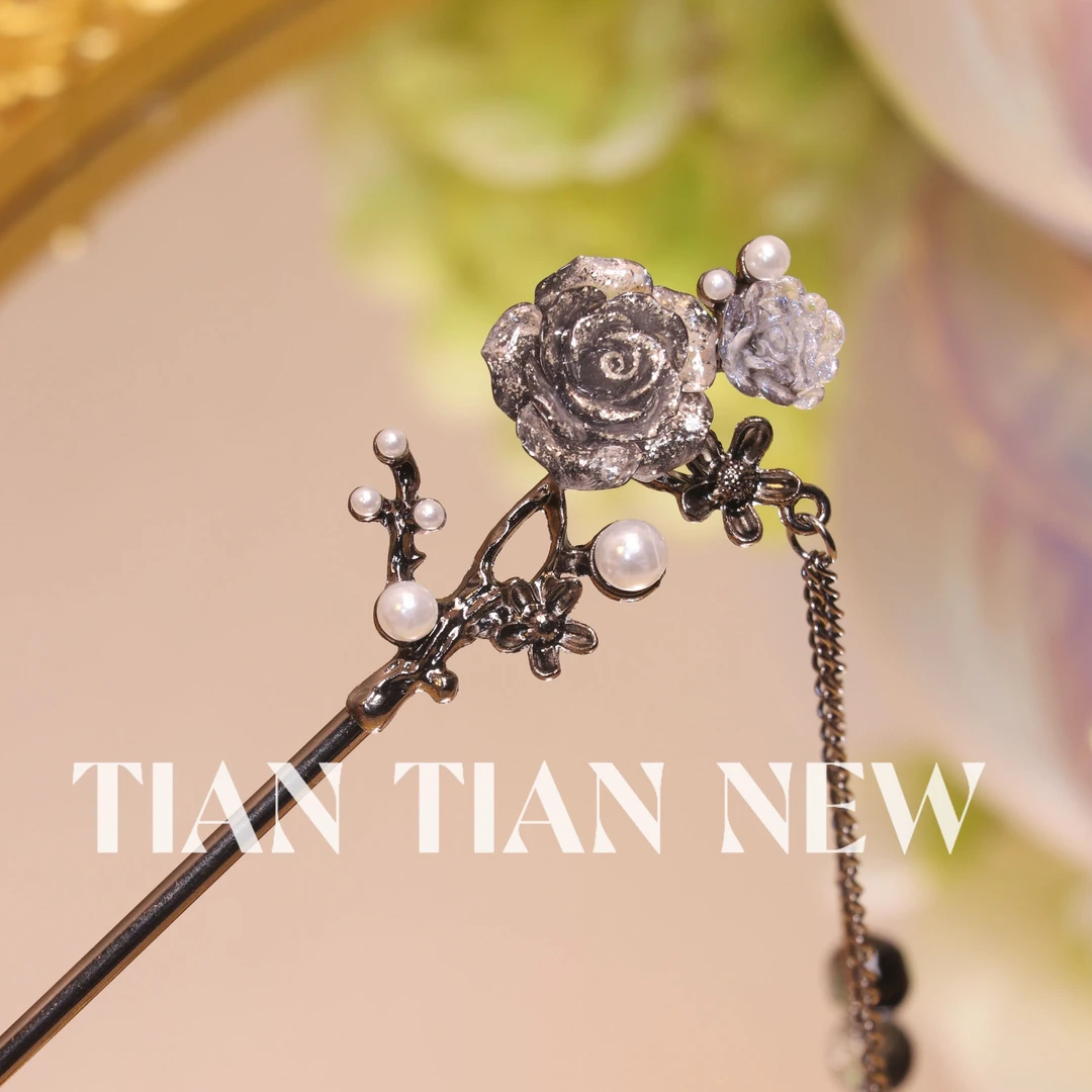 A227新中式水墨花朵流苏发簪女古风步摇簪子现代简约盘高级感头饰