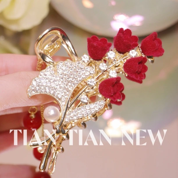 【Tiantian】似水流年发饰红玫瑰银杏时尚轻奢优雅复古气质抓夹A201