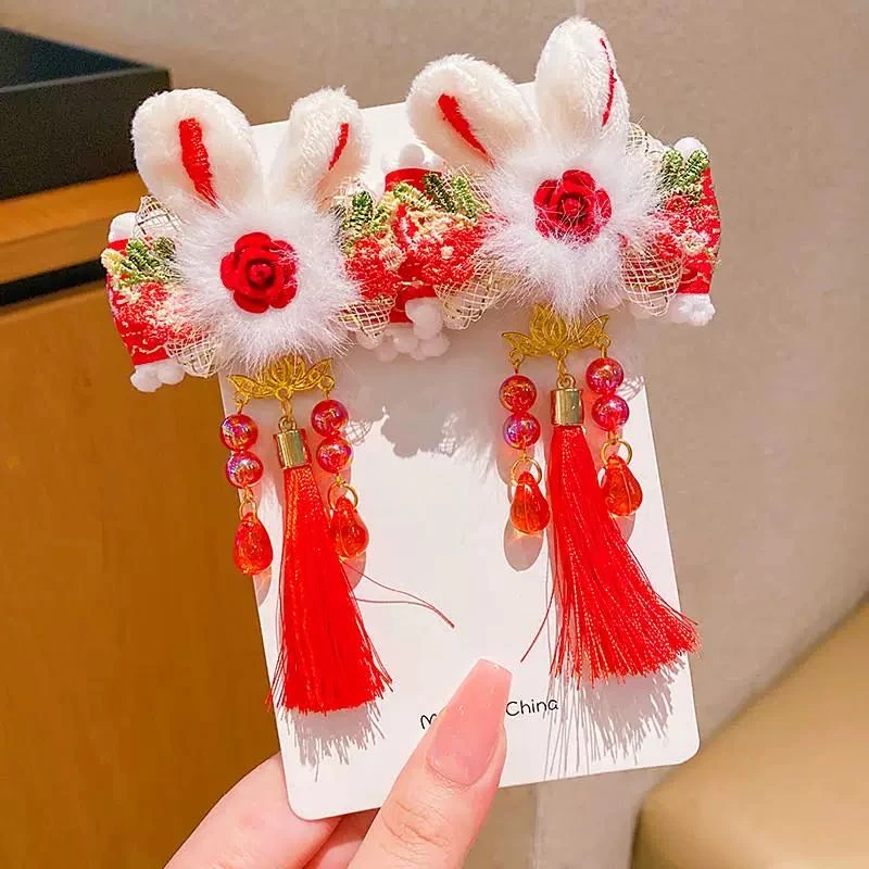 A095（两个装）宝宝喜庆红色儿童古风发夹冬季流苏蝴蝶结发饰