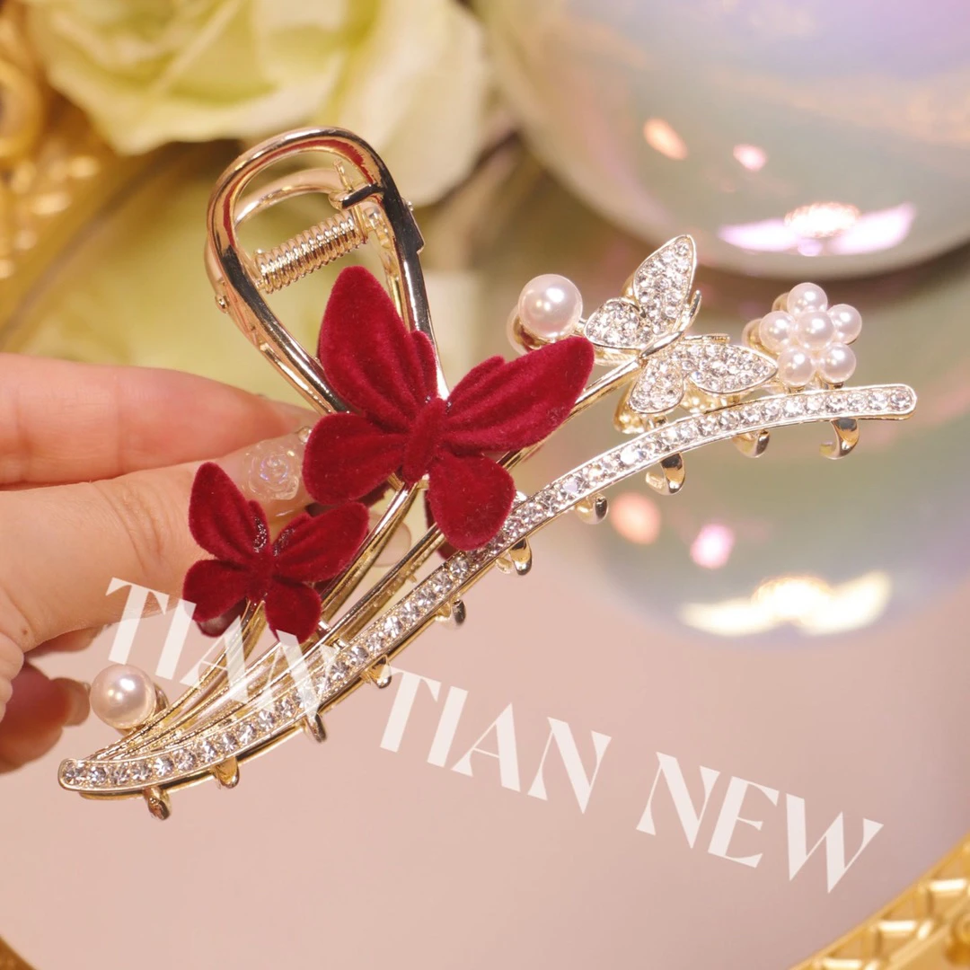 【Tiantian】A142红色复古风宫廷设计感气质 高雅贵气抓夹