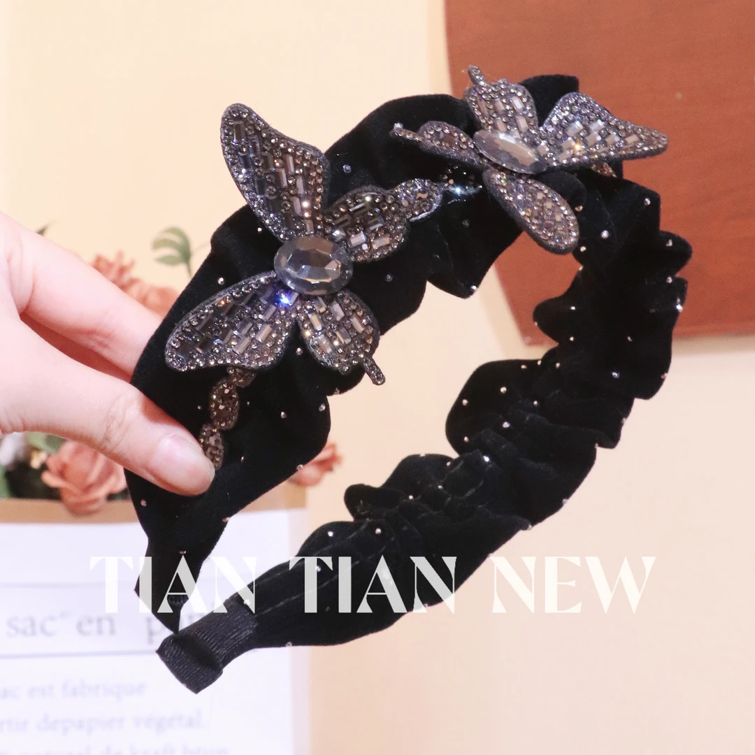 A143高级感蝴蝶丝绒褶皱发箍女轻奢外出百搭高颅顶头箍显脸小发卡