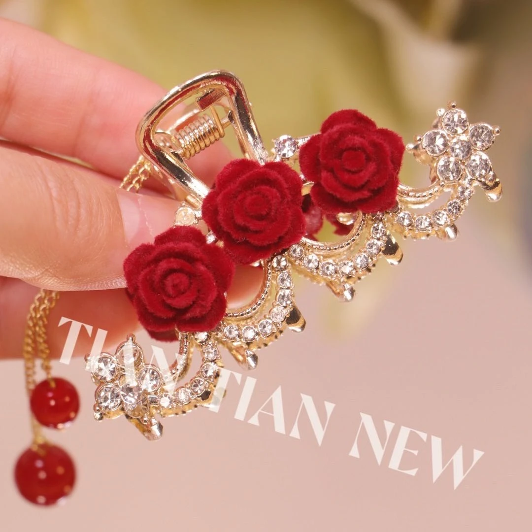 【Tiantian】A153复古风滚滚红尘发饰红玫瑰半抓夹