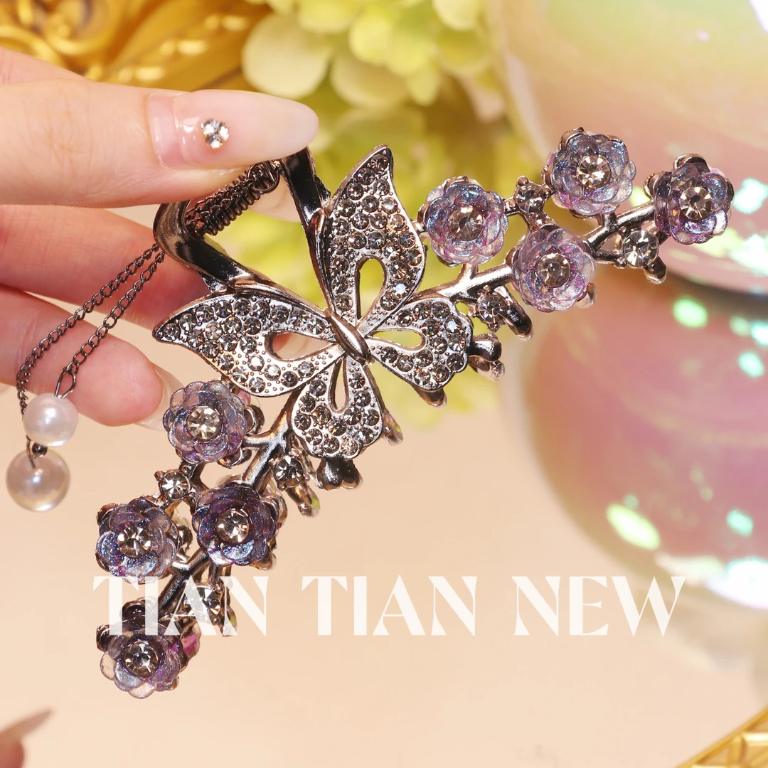 A061新中式轻奢蝴蝶流苏抓夹女后脑勺盘发鲨鱼夹发夹气质头饰