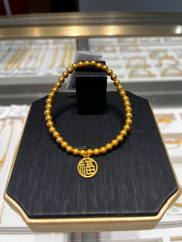 足金999【镂空福牌】哑光金珠手串珠径卡4