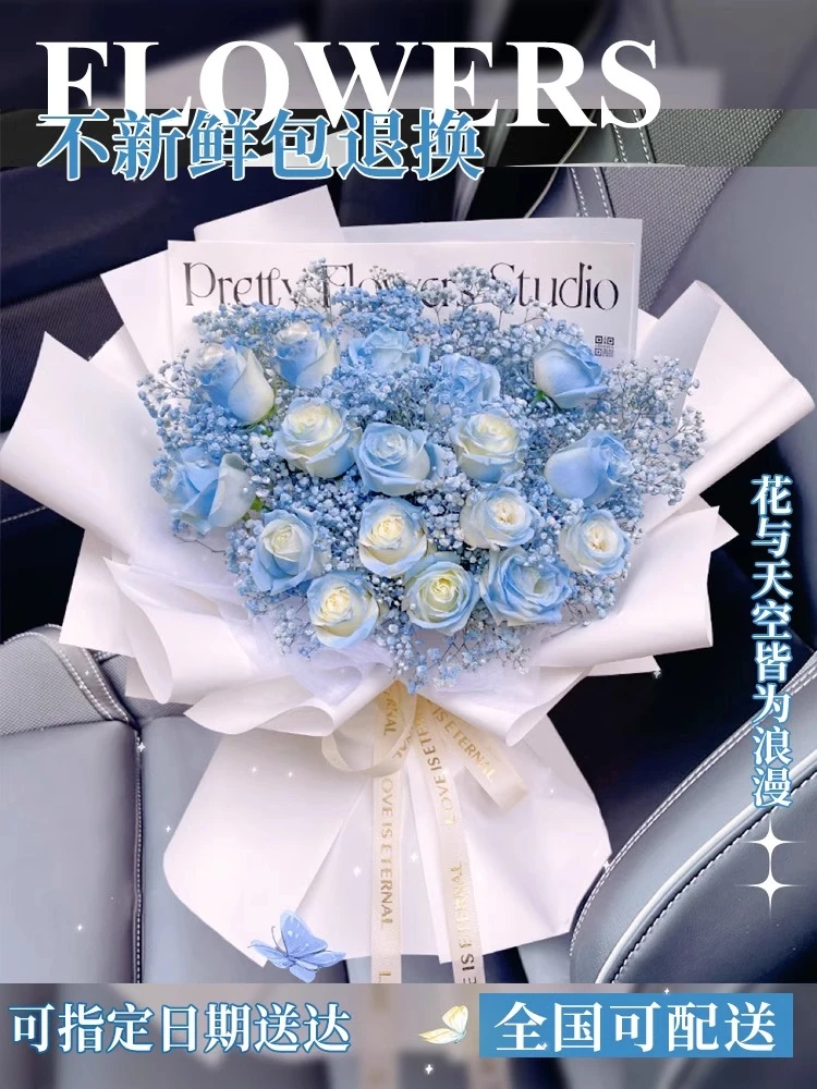 碎冰蓝粉玫瑰花束真花鲜花速递同城附近花店配送女友闺蜜生日团购