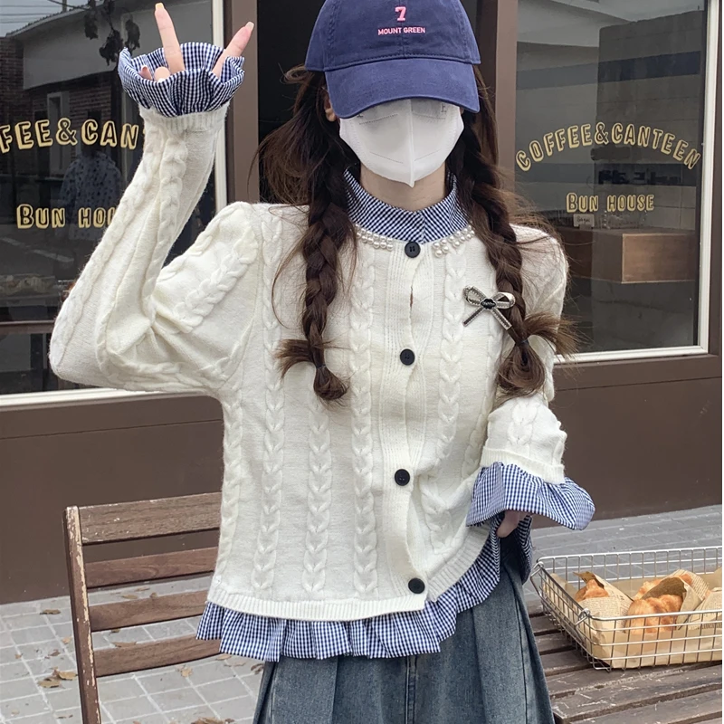 假两件长袖针织开衫女秋冬撞色立领衬衫拼接小香风荷叶边短款毛衣