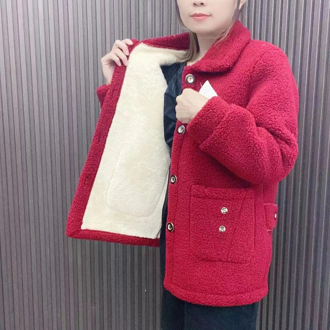 新款冬季加绒加厚羊羔毛外套时尚百搭65衣长保暖妈妈装短款女外套