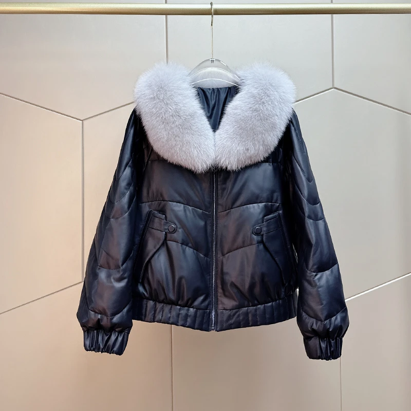 韩版宽松海宁小个子真皮头层绵羊皮鹅绒羽绒服女短款狐狸毛领加厚