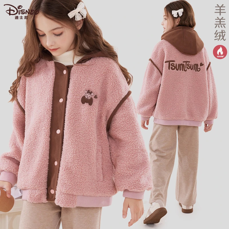 女童外套秋冬新款儿童羊羔绒连帽外套中大童加绒加厚宽松童装