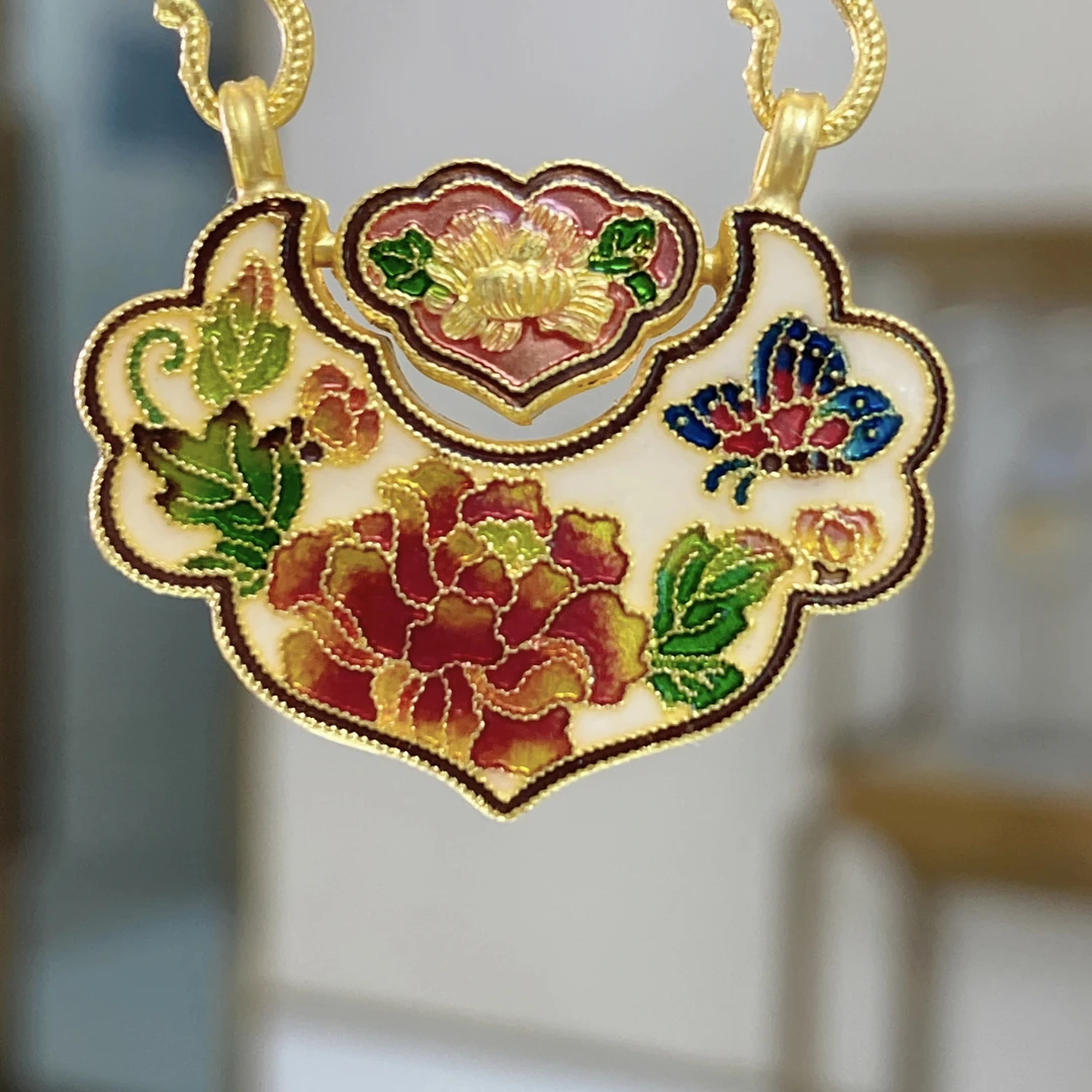 旺桂福传承珠宝足金高温烧蓝双鱼锦鲤花开富贵锁包吊坠-大师正版