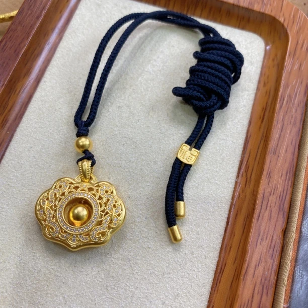 足金999古法手工点钻如意吊坠套链