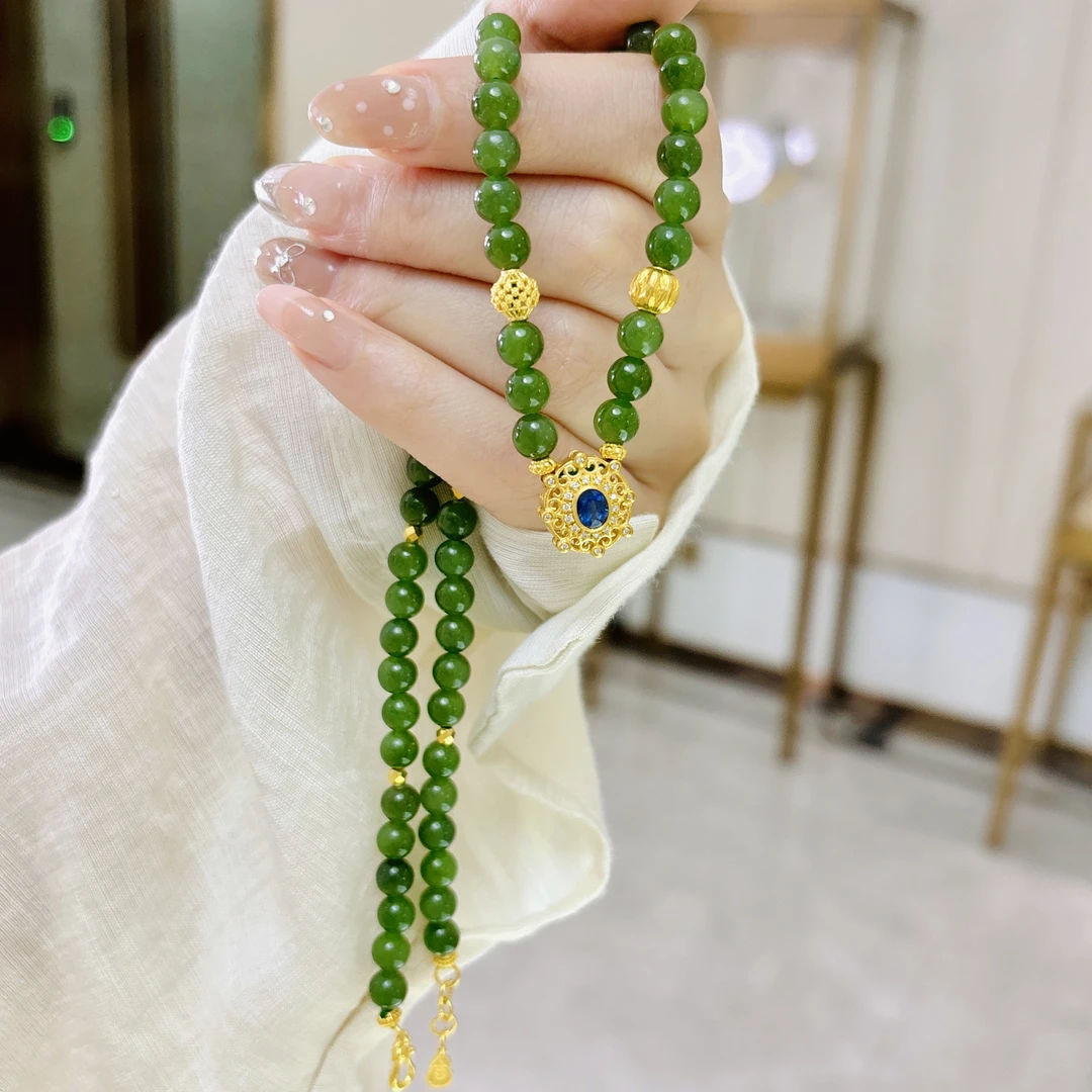 旺桂福传承珠宝足金碧 玉蓝宝 石新中式锁骨链28.95克45cm
