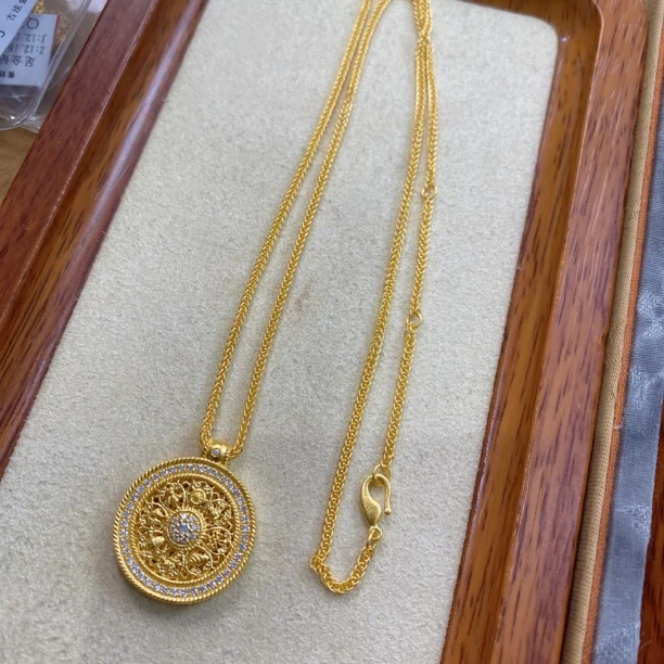 足金999古法手工点钻八宝罗盘吊坠套链
