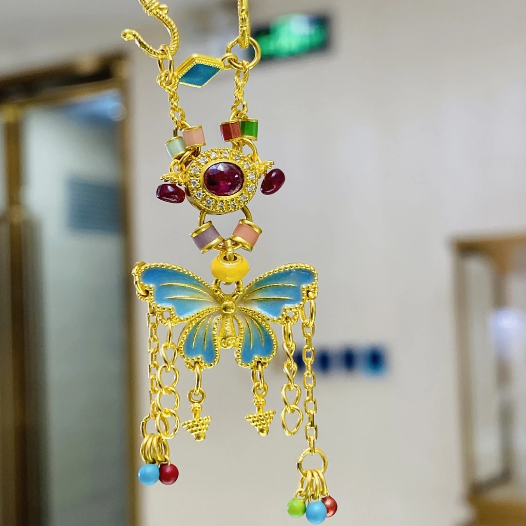 旺桂福传承足金高温烧蓝仙气飘飘仙蝶多宝吊坠10.5克