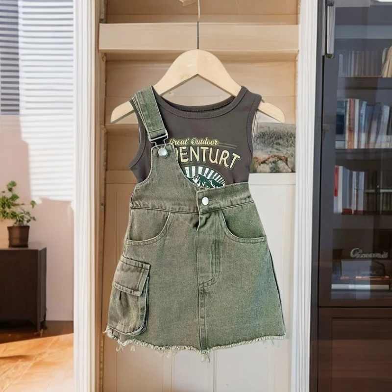 夏装2025儿童短袖背心小女孩牛仔短裙洋气时尚百搭纯色时髦两件套