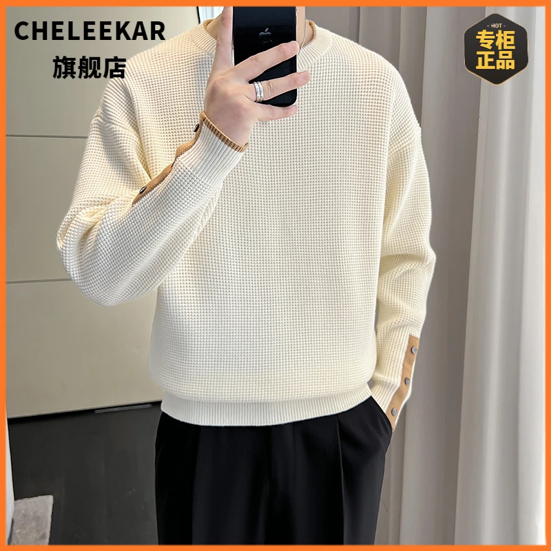 【香港轻奢CHELEEKAR】白色秋冬男士常规版型潮版针织衫套头毛衣男