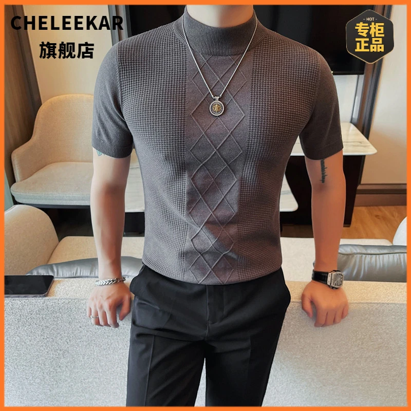 中领短袖毛衣男士韩版潮牌半袖恤痞帅修身条纹针织打底线衫春秋潮