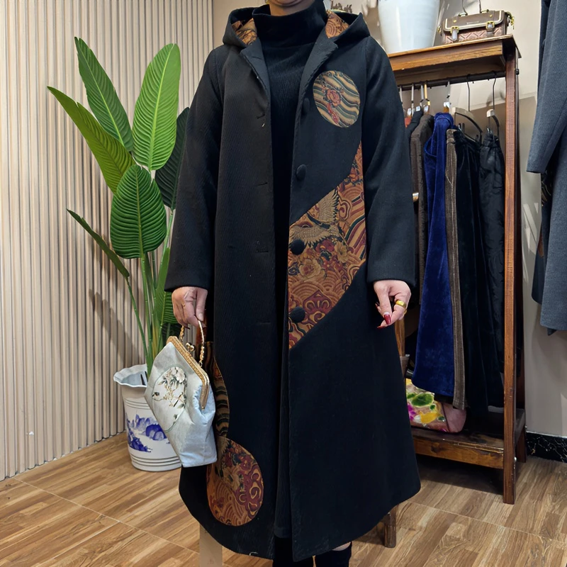 旭丹妮澳绒毛呢盘扣大衣秋冬新气质印花长款妈妈装168212