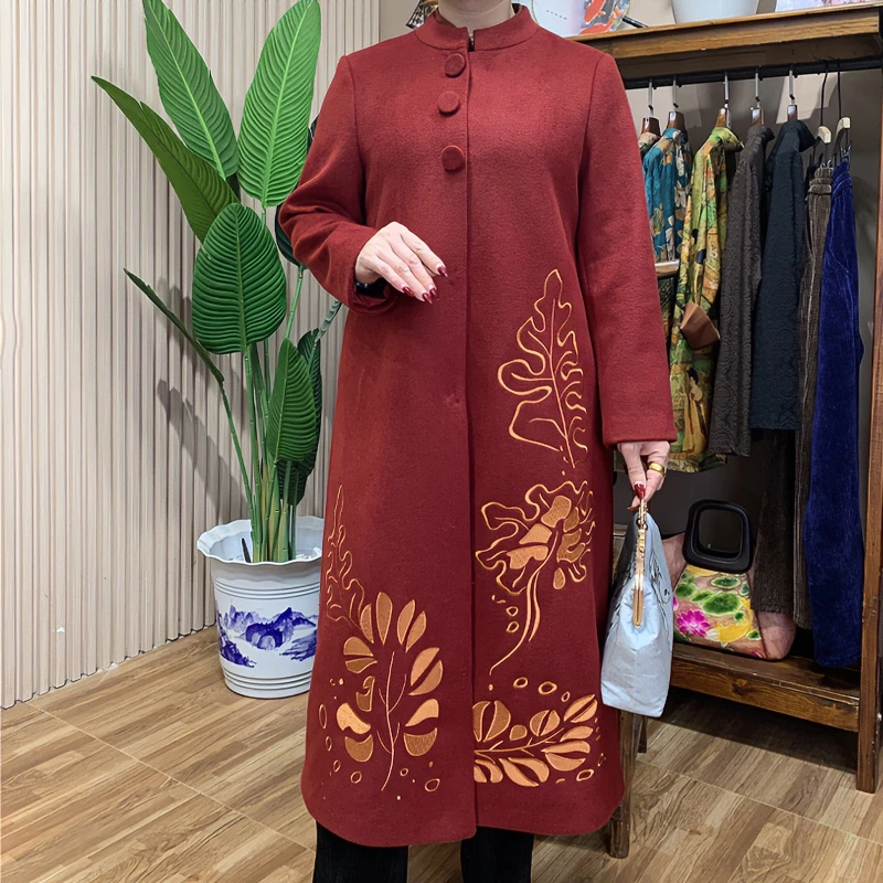 旭丹妮重工刺绣澳绒大衣秋冬款国风气质盘扣大衣妈妈装168211