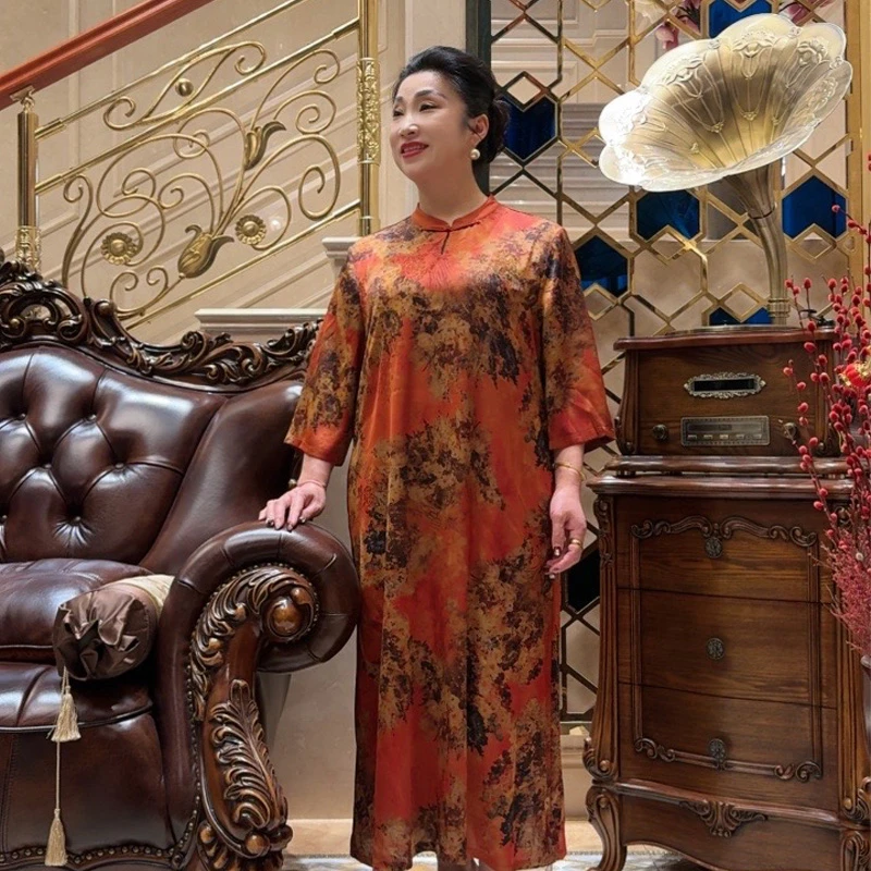 旭丹妮中国风旗袍2024夏季新款复古气质七分袖中长款妈妈裙72432
