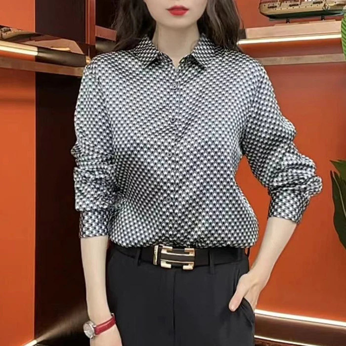 新款夏季显瘦男士桑蚕丝长袖格纹衬衫气质时尚百搭显瘦设计感衬衣