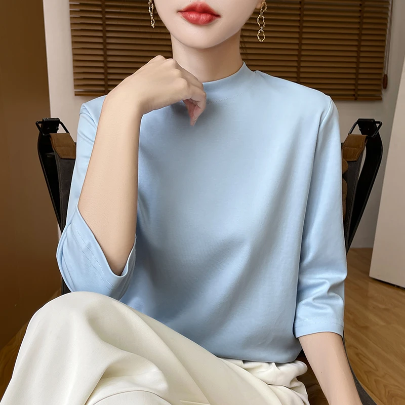 100%丝光棉女新款半高领纯棉七分袖春夏T恤宽松中袖上衣外穿大码
