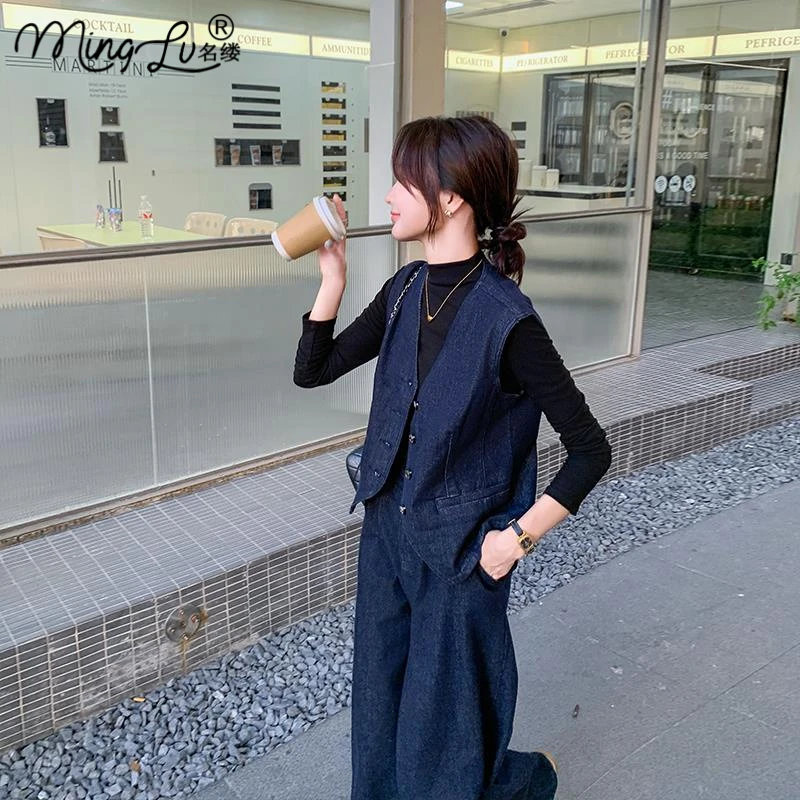 港风复古牛仔马甲阔腿裤套装女秋季2025新款休闲盐系高级感两件套