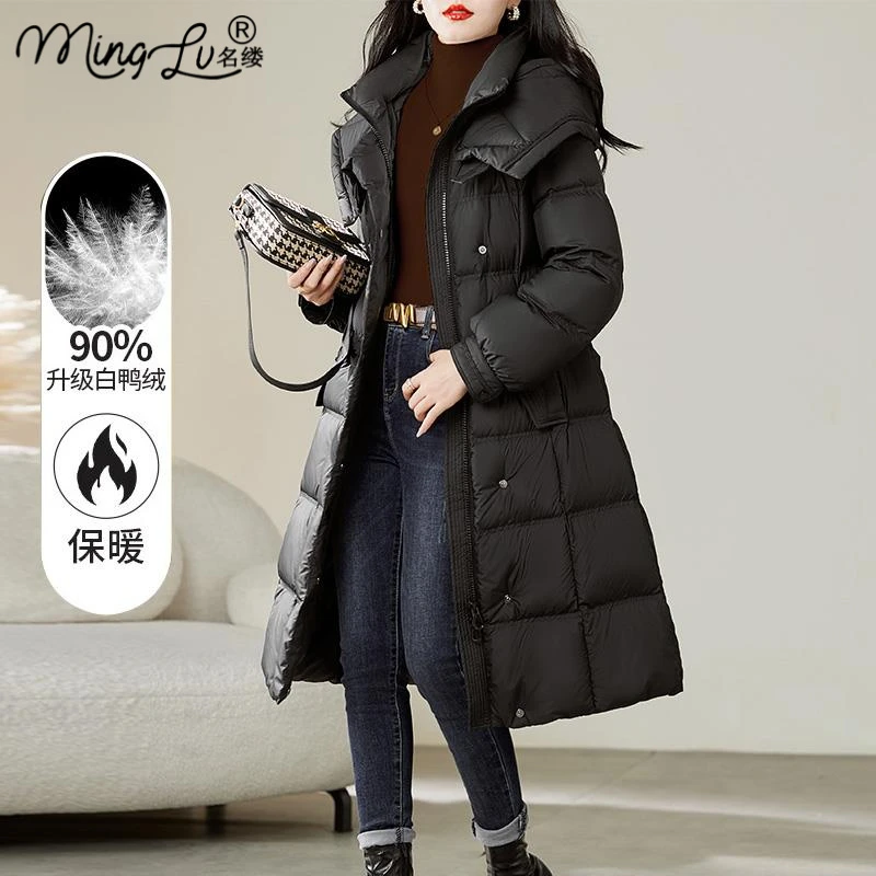 品牌黑色中长款羽绒服女冬季收腰显瘦加厚保暖白鸭绒2025新款过膝