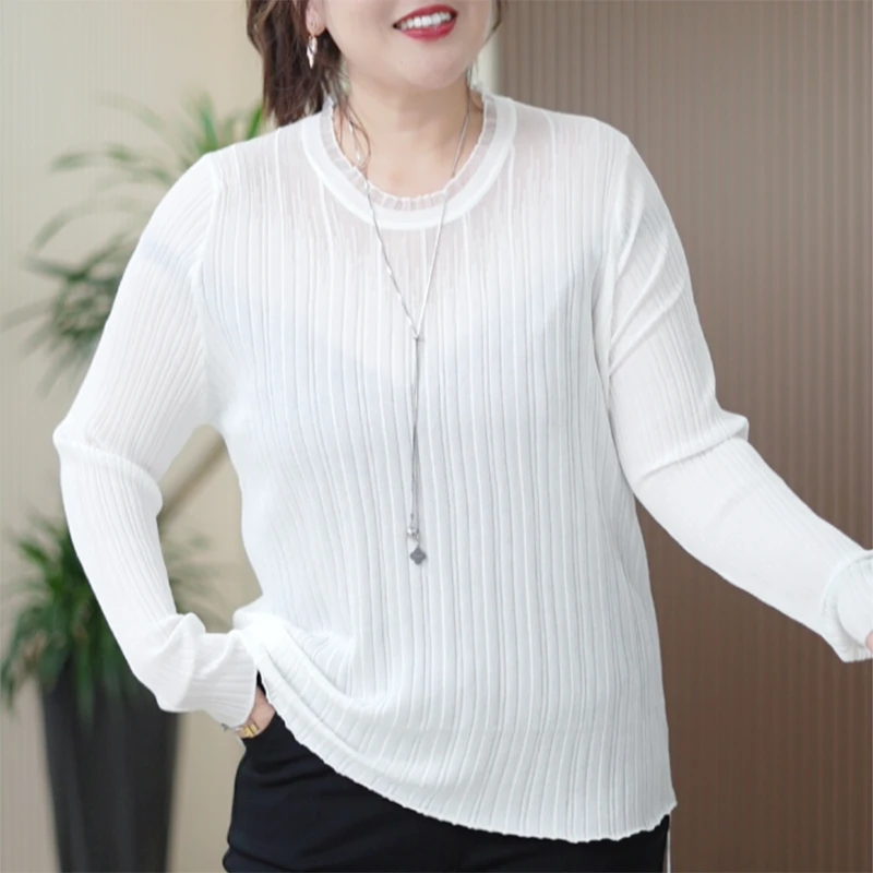 长袖欧根纱打底衫女大码T恤百搭弹力舒适亲肤内搭秋季简约上衣