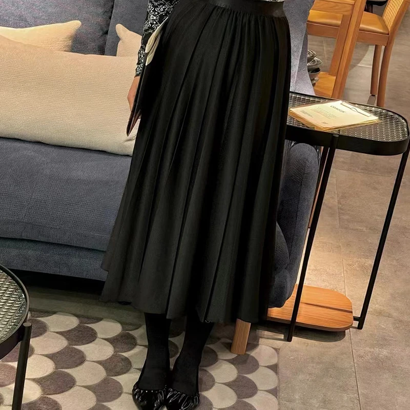 桑蚕丝百褶半身裙加厚人丝松紧腰百搭洋气通勤风大码秋季A字伞裙