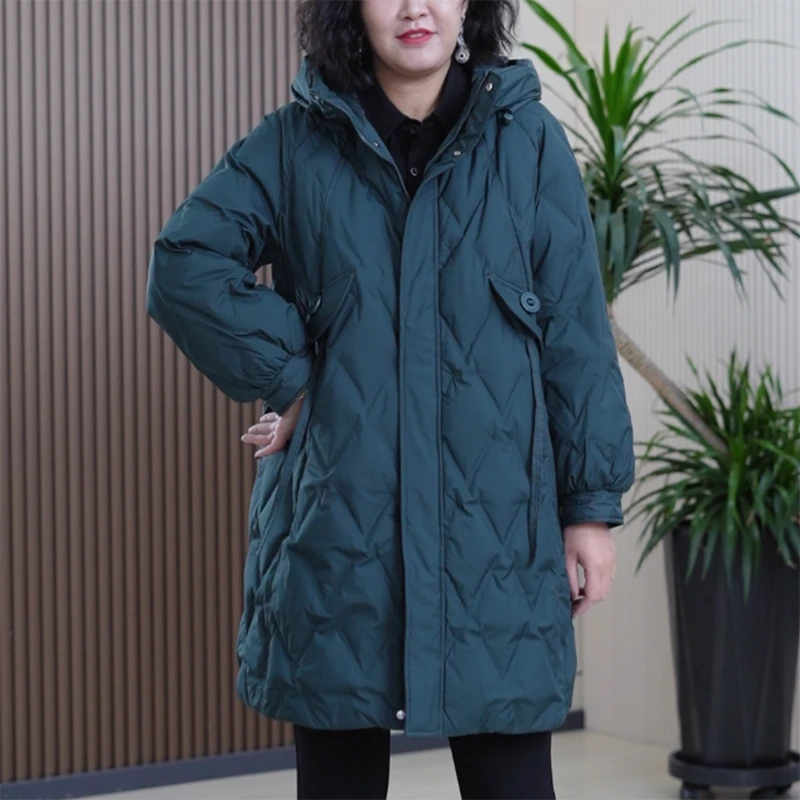 连帽压胶羽绒服分仓储绒中长款保暖过膝大码80灰鸭绒冬季外套女