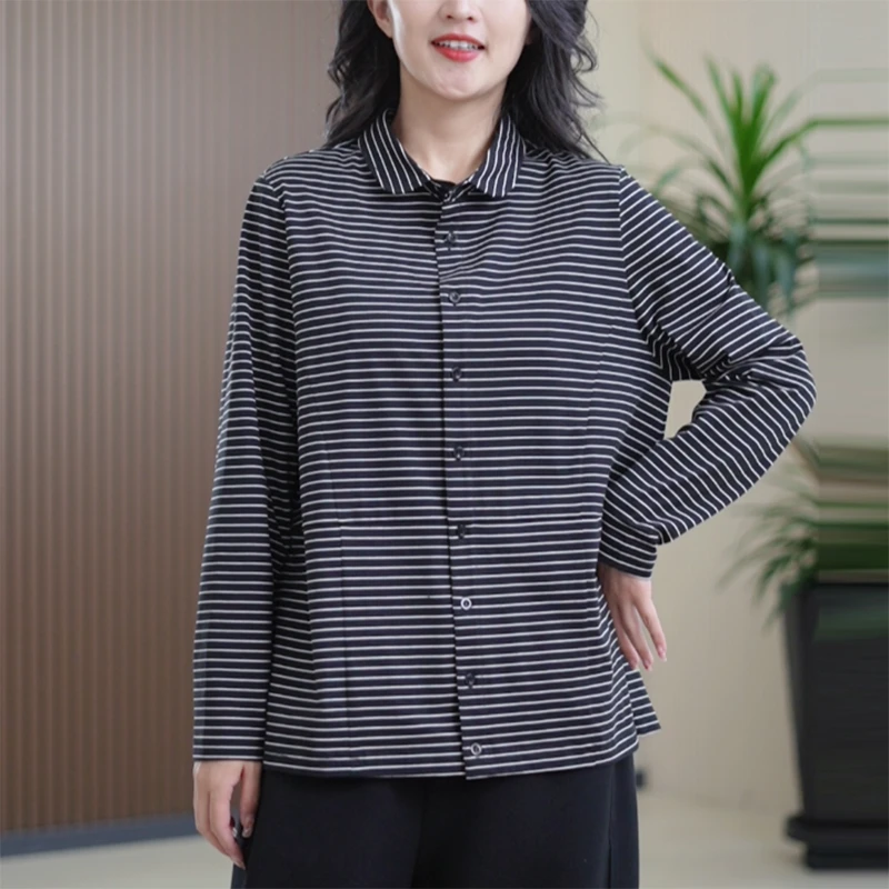 田宿棉条纹衬衫T恤茧型立体剪裁时尚百搭吸汗抗菌休闲大码上衣女