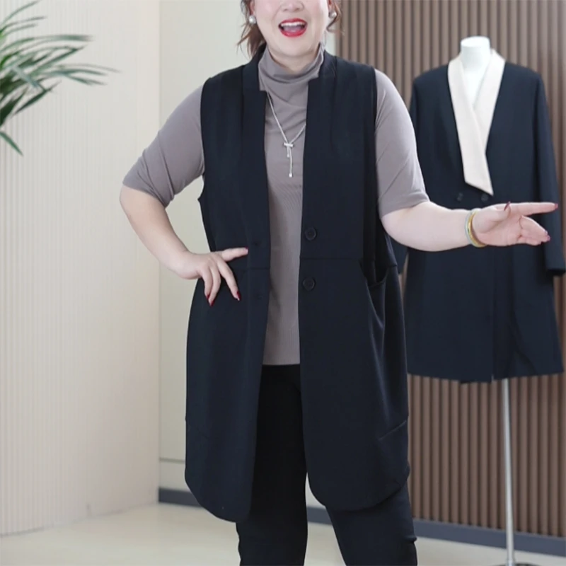 西装领马甲两粒扣燕尾莱卡棉百搭大码显瘦中长款洋气无袖外套女Y