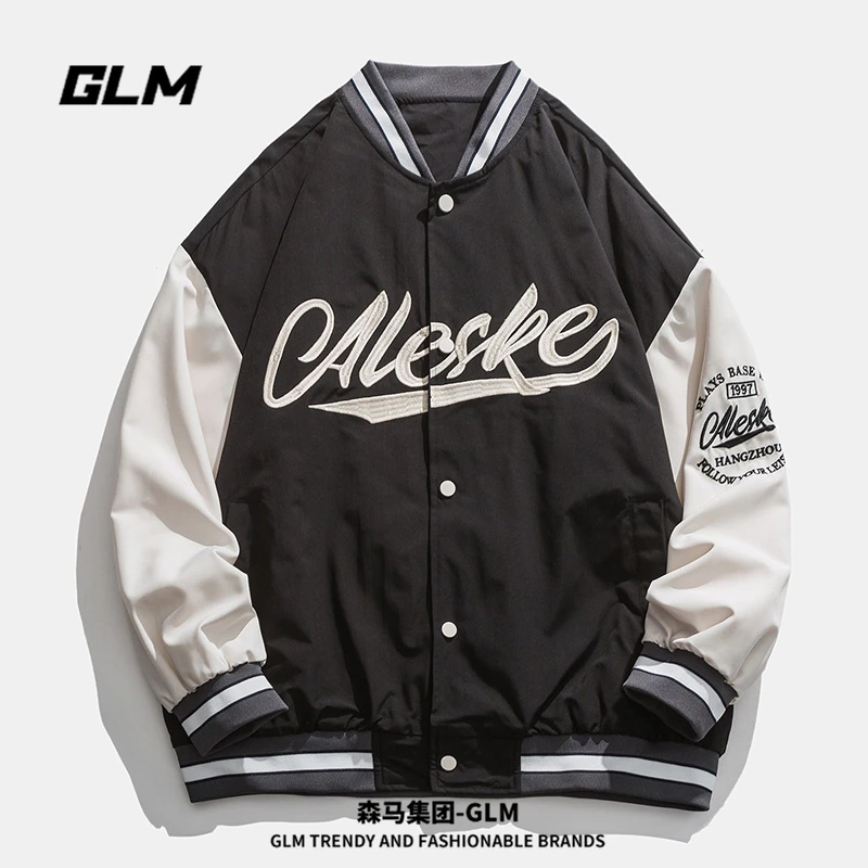 森馬集团GLM美式复古棒球服外套男女款潮牌字母刺绣情侣休闲夹克