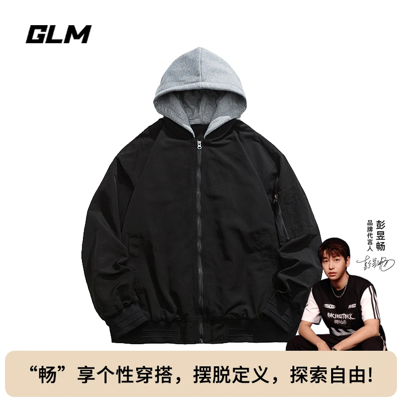 GLM春秋拼接飞行夹克男士宽松百搭连帽复古棒球领休闲情侣外套潮