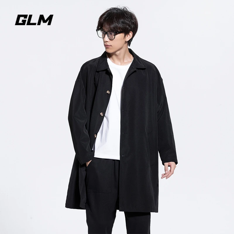 GLM时尚风衣外套男春秋宽松休闲潮流纯色韩版中长款过膝帅气外套