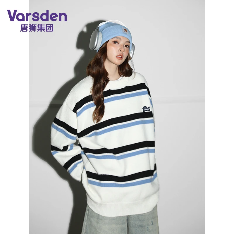 唐狮集团Varsden可爱小狗毛衣男女同款秋冬慵懒风保暖条纹针织衫