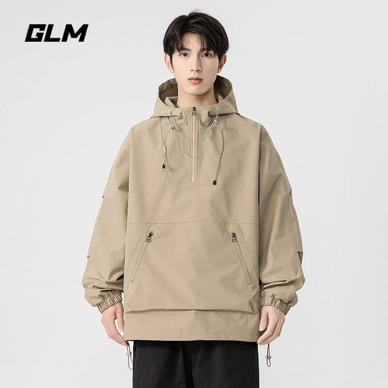GLM美式百搭冲锋外套男春秋户外运动登山宽松连帽半拉链套头夹克