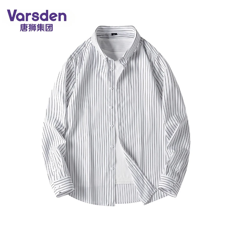 唐狮集团Varsden简约条纹翻领长袖衬衫男士日系宽松休闲衬衣外套