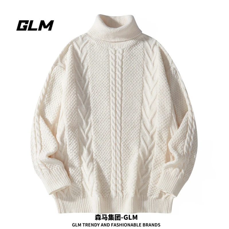 森馬集团GLM春秋高领毛衣男款纯色保暖宽松慵懒风麻花情侣针织衫