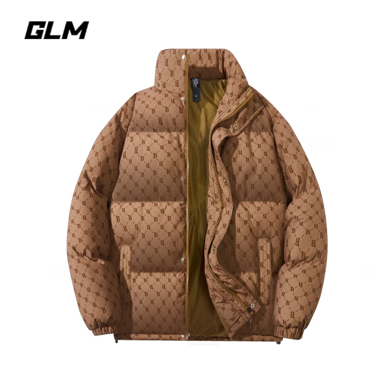 森馬集团GLM冬季潮牌棉服男款宽松百搭字母满印保暖立领短款棉衣