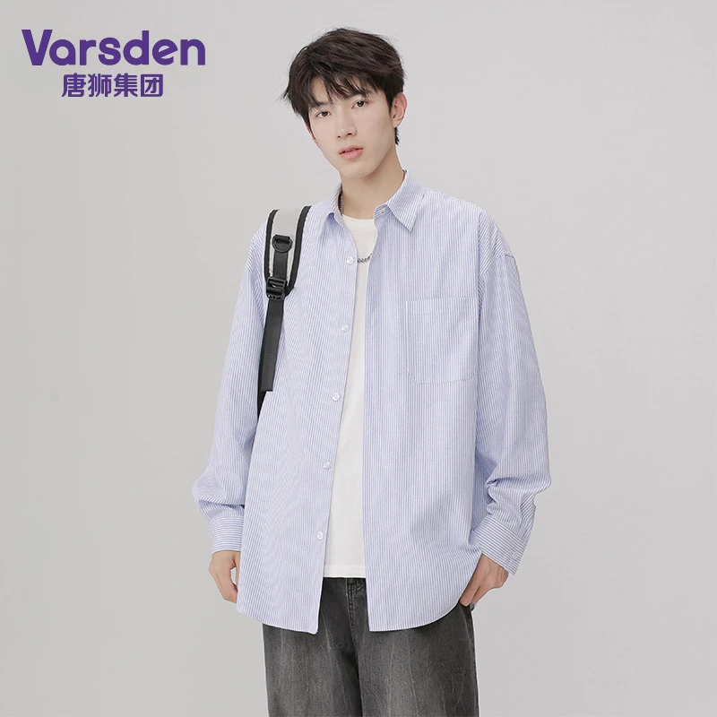 唐狮集团Varsden春夏条纹衬衫男2024宽松休闲日系学薄衬衣外套潮