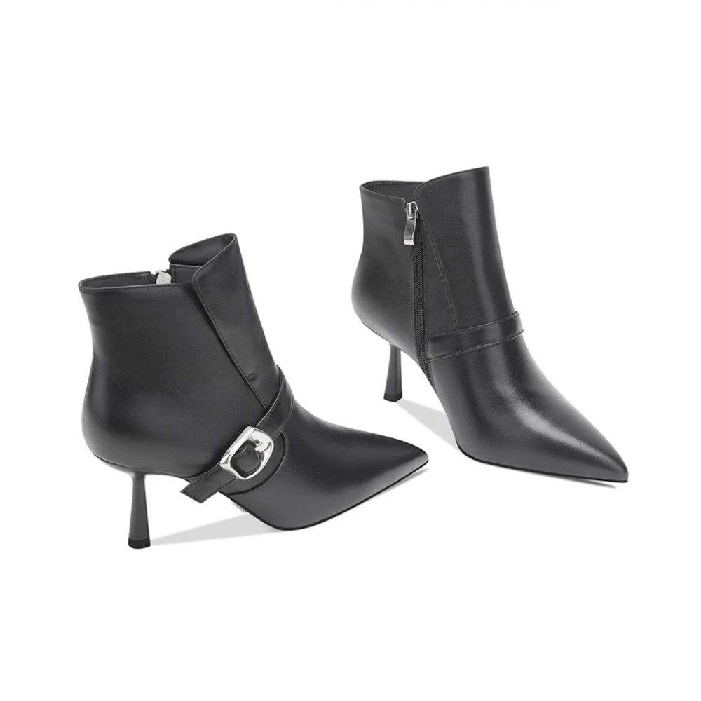 【手工女鞋】黑色尖头靴子女2024冬季新款高跟鞋真皮细跟短靴加绒