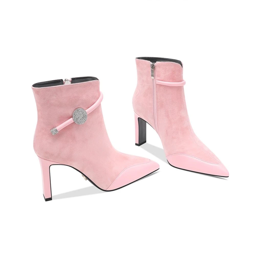 【手工女鞋】粉色尖头靴子女2024冬季新款高跟鞋玛丽珍粗跟短靴女