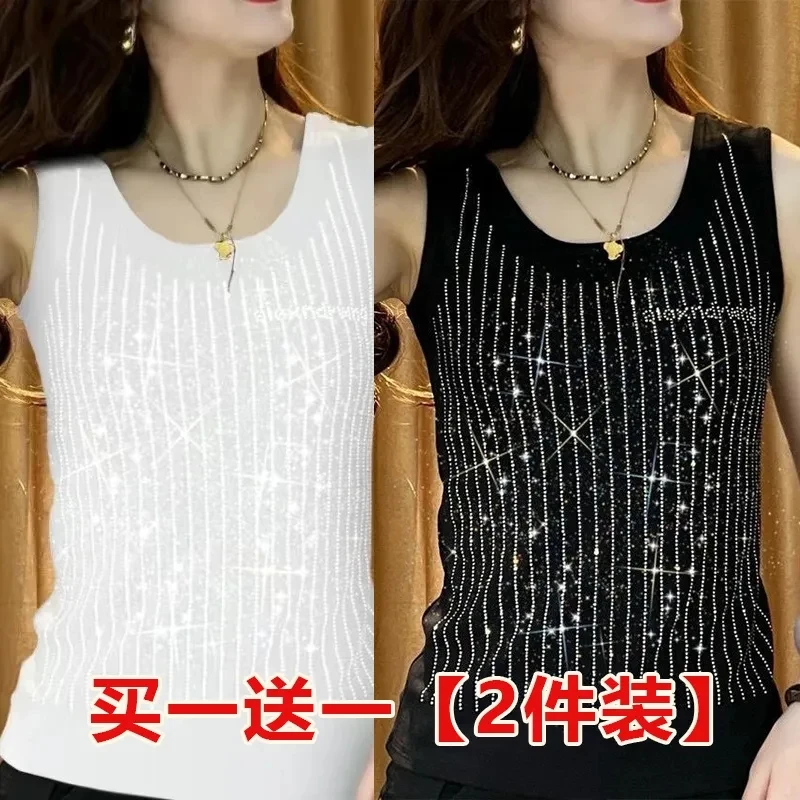 2024夏季时尚百搭潮流显瘦修身百搭气质装烫钻满钻女吊带背心女装