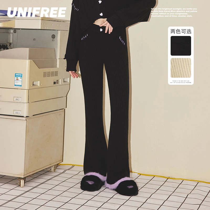UNIFREE针织款黑色休闲裤毛毛边撞色辣妹百搭阔腿拖地长裤微喇裤