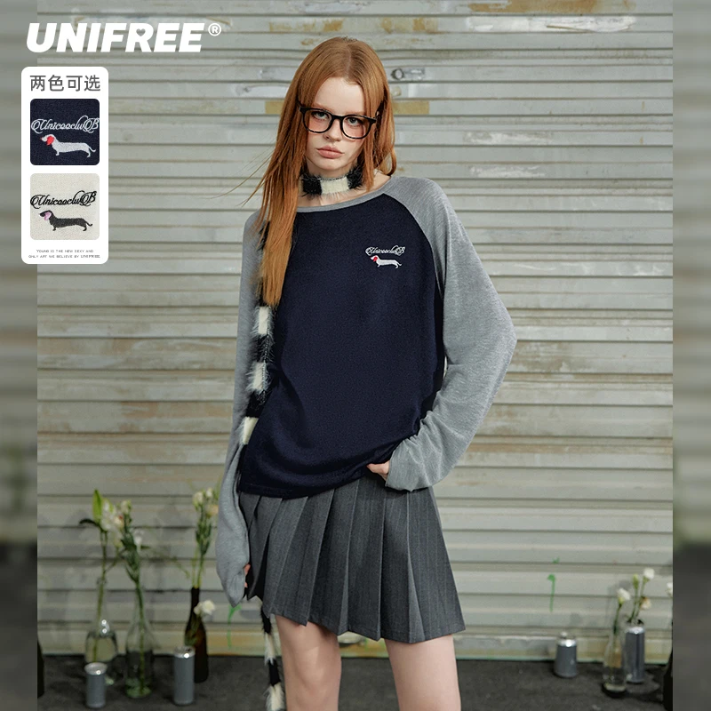 0111【金拐子专属】UNIFREE刺绣减龄撞色圆领针织衫U243K917P1P1